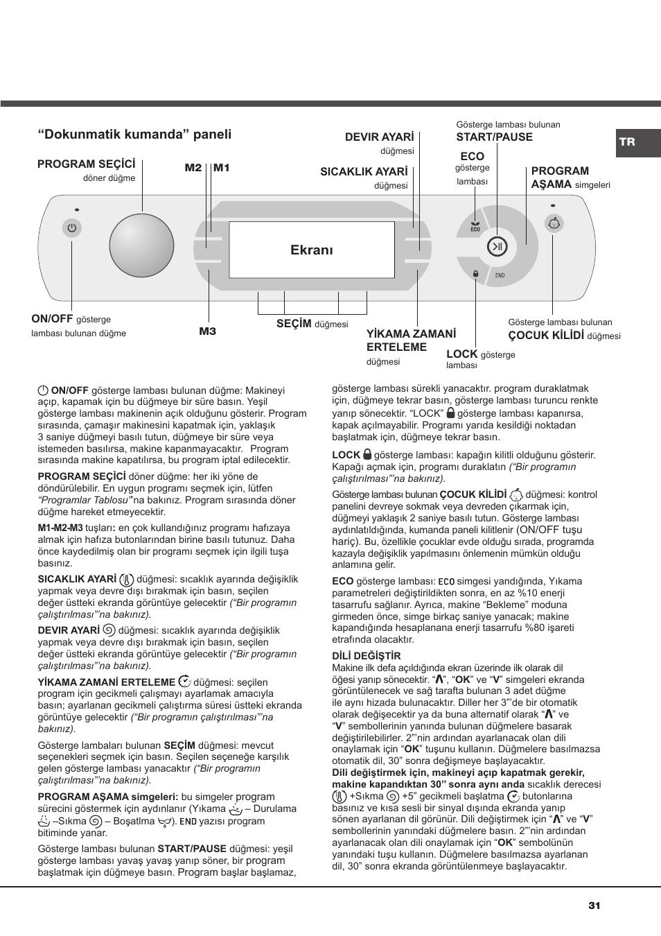 Dokunmatik kumanda” paneli ekranı | Hotpoint Ariston AQ113D 697 User Manual | Page 31 / 72