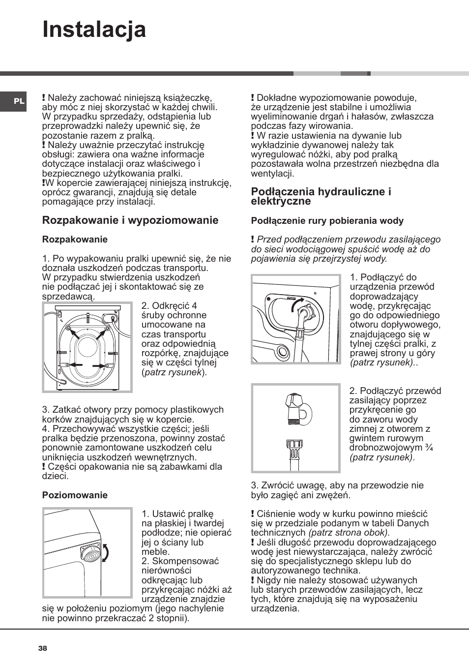 Instalacja | Hotpoint Ariston AQ113D 697 User Manual | Page 38 / 72