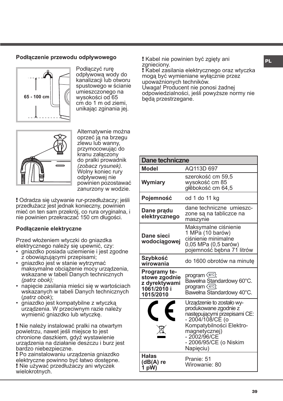 Hotpoint Ariston AQ113D 697 User Manual | Page 39 / 72