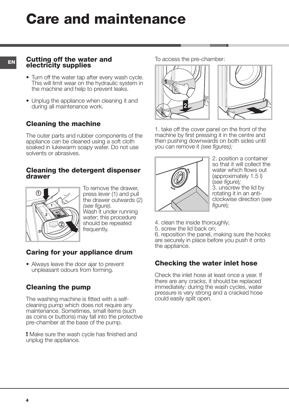 Care and maintenance | Hotpoint Ariston AQ113D 697 User Manual | Page 4 / 72