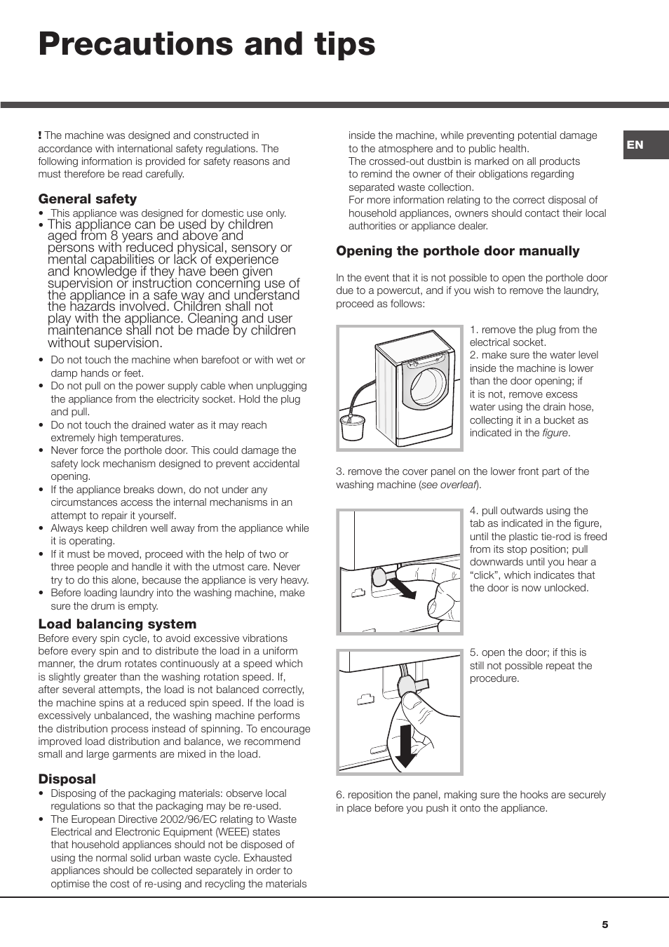 Precautions and tips | Hotpoint Ariston AQ113D 697 User Manual | Page 5 / 72