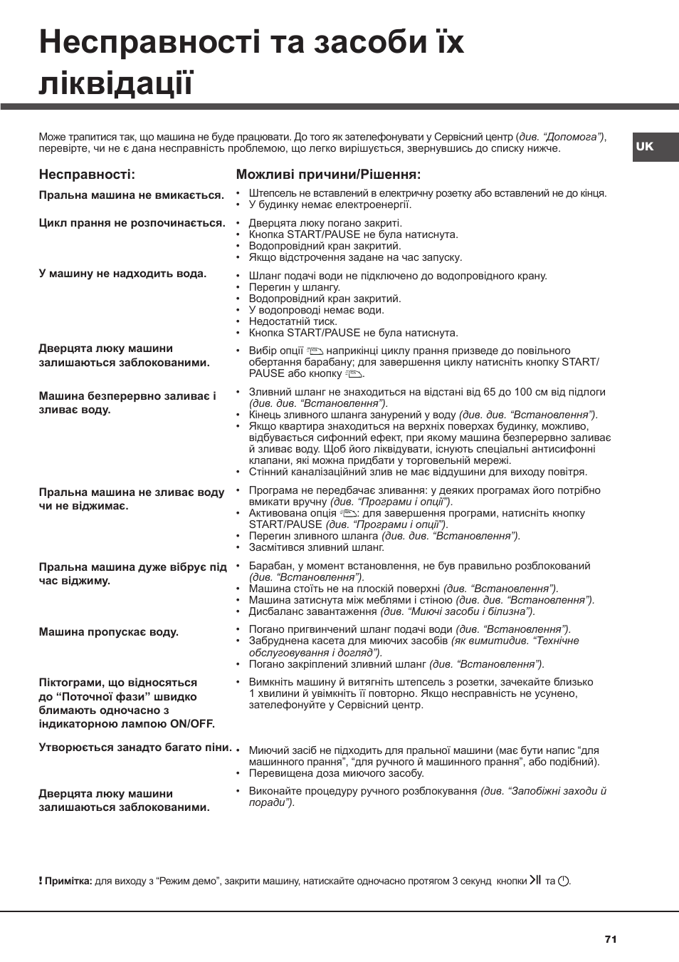 Несправності та засоби їх ліквідації | Hotpoint Ariston AQ113D 697 User Manual | Page 71 / 72