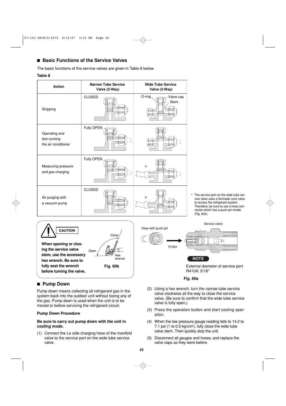 Pump down, Basic functions of the service valves | Sanyo KHS2472 User Manual | Page 108 / 111