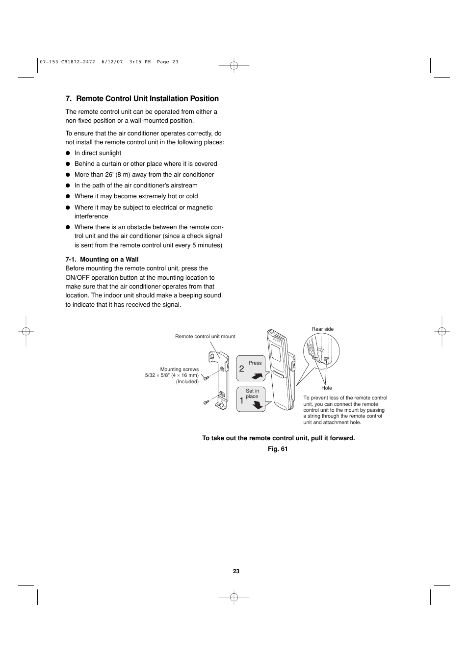 Remote control unit installation position | Sanyo KHS2472 User Manual | Page 109 / 111