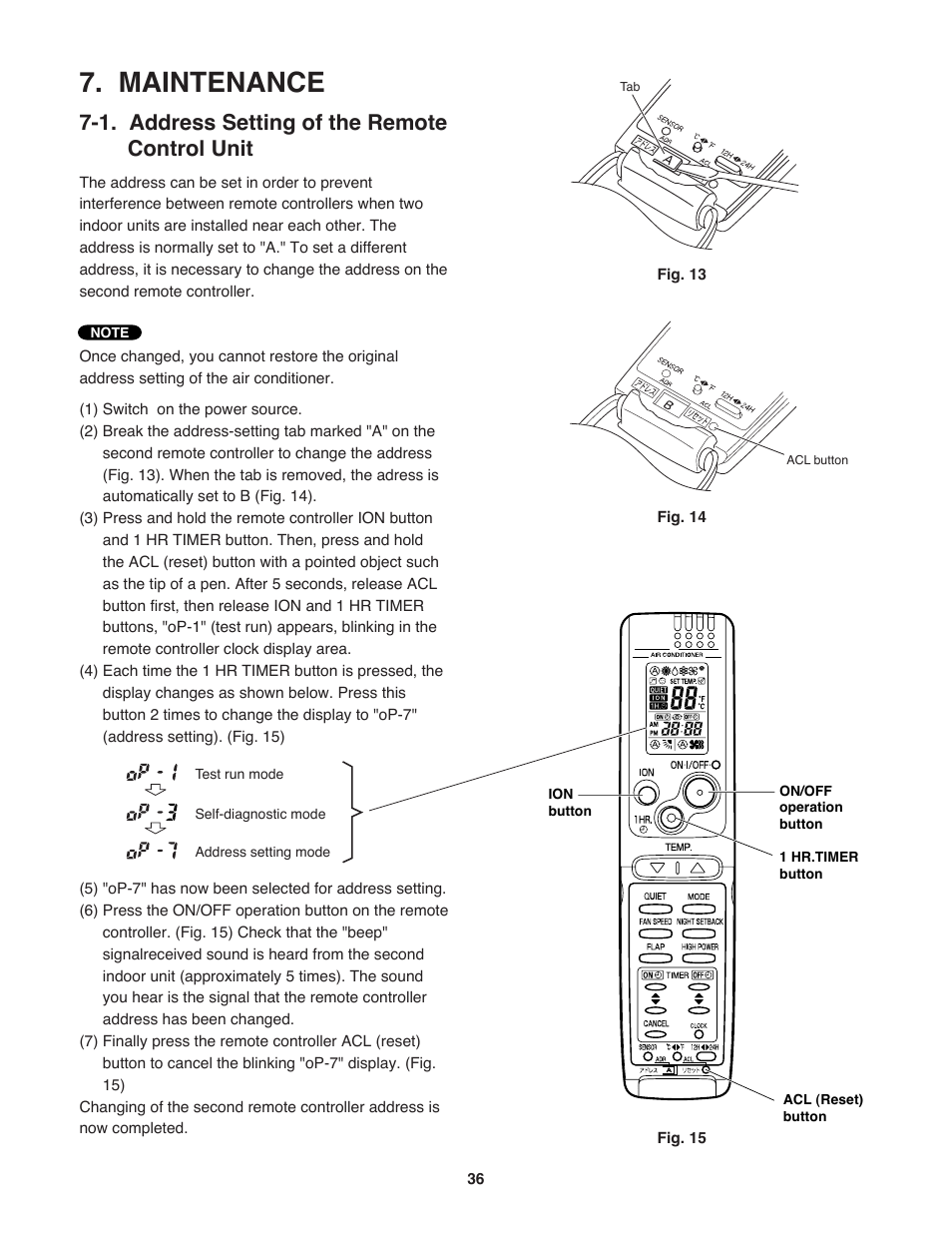 Maintenance, 1. address setting of the remote control unit | Sanyo KHS2472 User Manual | Page 36 / 111