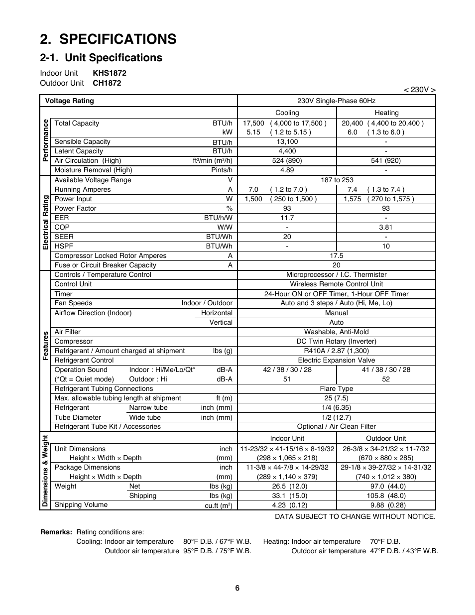 Specifications, 1. unit specifications | Sanyo KHS2472 User Manual | Page 6 / 111