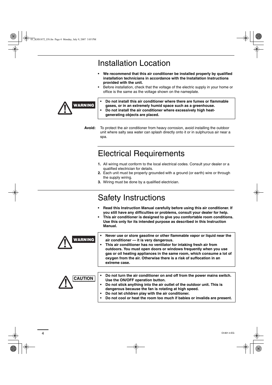 Installation location, Electrical requirements, Safety instructions | Sanyo KHS2472 User Manual | Page 64 / 111