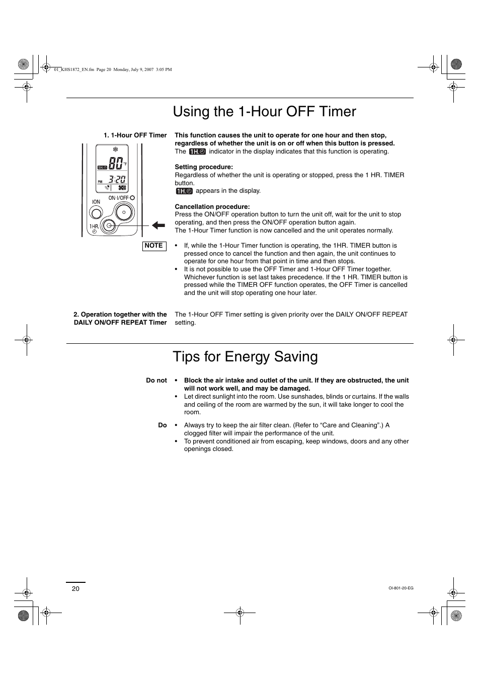 Using the 1-hour off timer tips for energy saving | Sanyo KHS2472 User Manual | Page 80 / 111