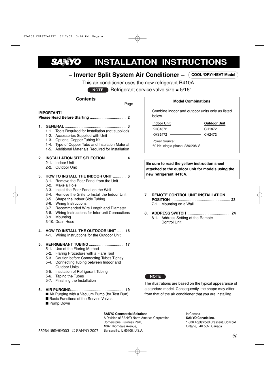 Installation instructions, Inverter split system air conditioner | Sanyo KHS2472 User Manual | Page 87 / 111