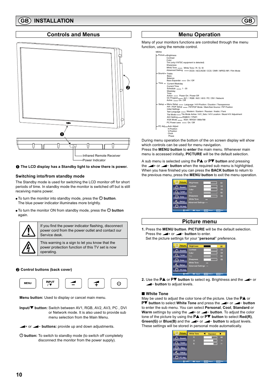 Controls and menus, Menu operation, Picture menu | Controls and menus menu operation picture menu, 10 installation controls and menus, Switching into/from standby mode, White tone | Sanyo PID-42AS1 User Manual | Page 10 / 22