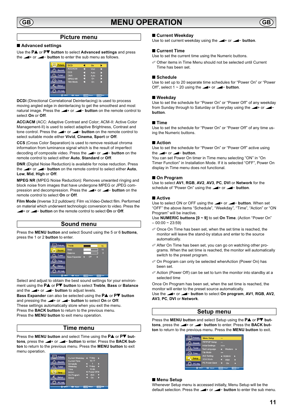 Menu operation, Picture menu, Sound menu | Time menu, Setup menu, Picture menu sound menu, Time menu setup menu | Sanyo PID-42AS1 User Manual | Page 11 / 22