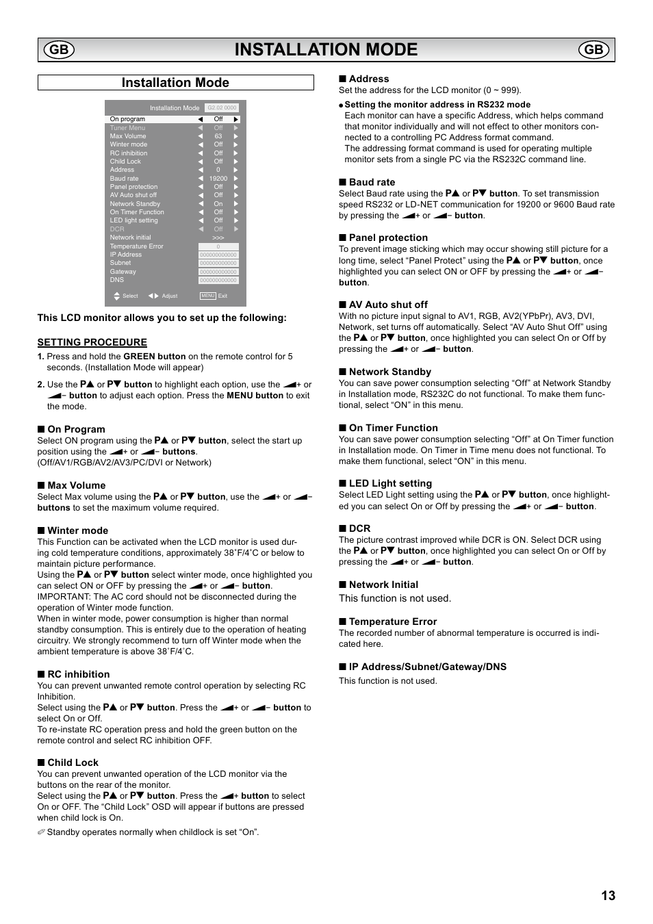 Installation mode | Sanyo PID-42AS1 User Manual | Page 13 / 22