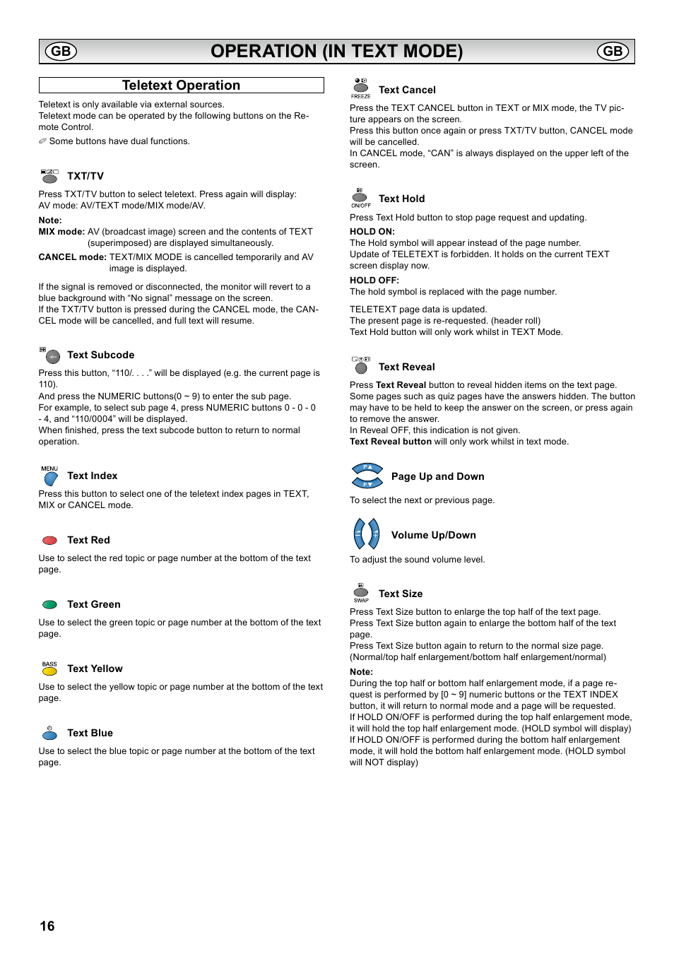 Operation (in text mode), Teletext operation | Sanyo PID-42AS1 User Manual | Page 16 / 22