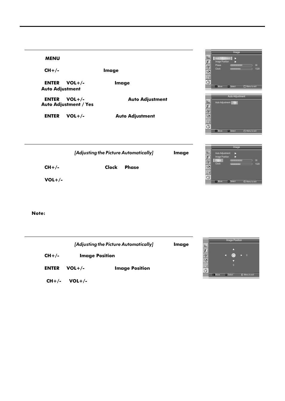 Adjusting image in d-sub (computer) mode, Adjusting the image position, Adjusting clock and phase | Adjusting the picture automatically | Sanyo AVL-209 User Manual | Page 21 / 34