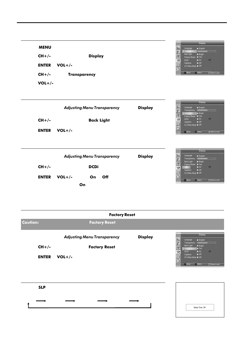 Other functions, Adjusting menu transparency loading default values, Adjusting back light | Setting sleep timer, Setting dcdi function | Sanyo AVL-209 User Manual | Page 23 / 34
