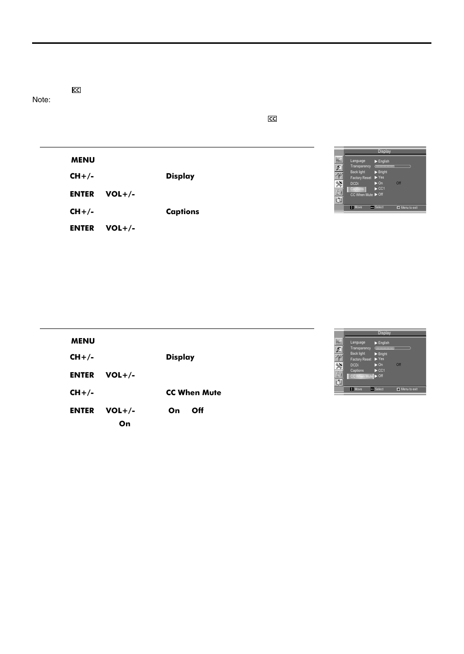 Viewing closed captions, Setting closed caption, Setting cc when mute | Sanyo AVL-209 User Manual | Page 24 / 34