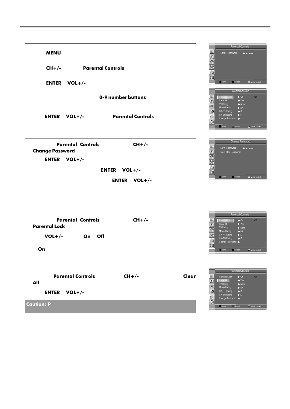 Parental controls, Accessing the parental controls menu, Changing the password | Turn on or off parental lock control function, Clear parental control settings, Continued) | Sanyo AVL-209 User Manual | Page 27 / 34