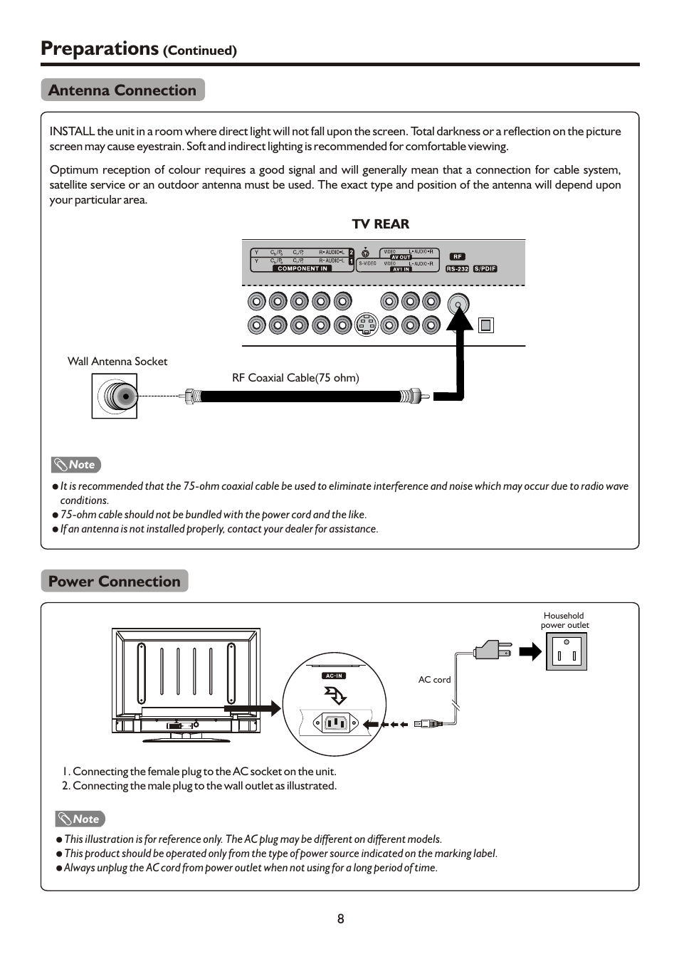 页面 10, Preparations, Antenna connection | Power connection | Sanyo AVL472 User Manual | Page 10 / 36