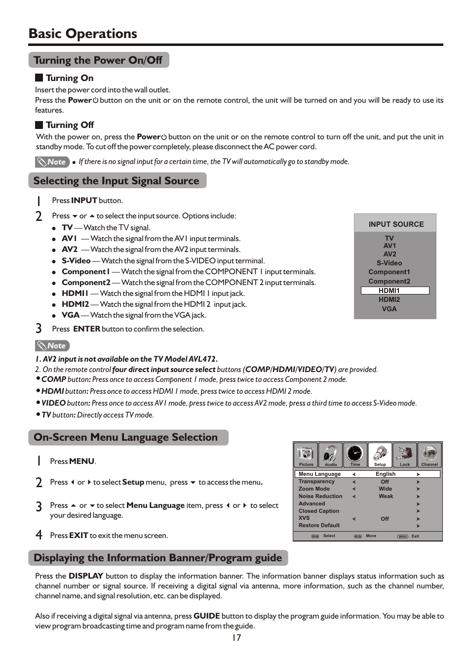 页面 19, Basic operations, Displaying the information banner/program guide | On-screen menu language selection | Sanyo AVL472 User Manual | Page 19 / 36