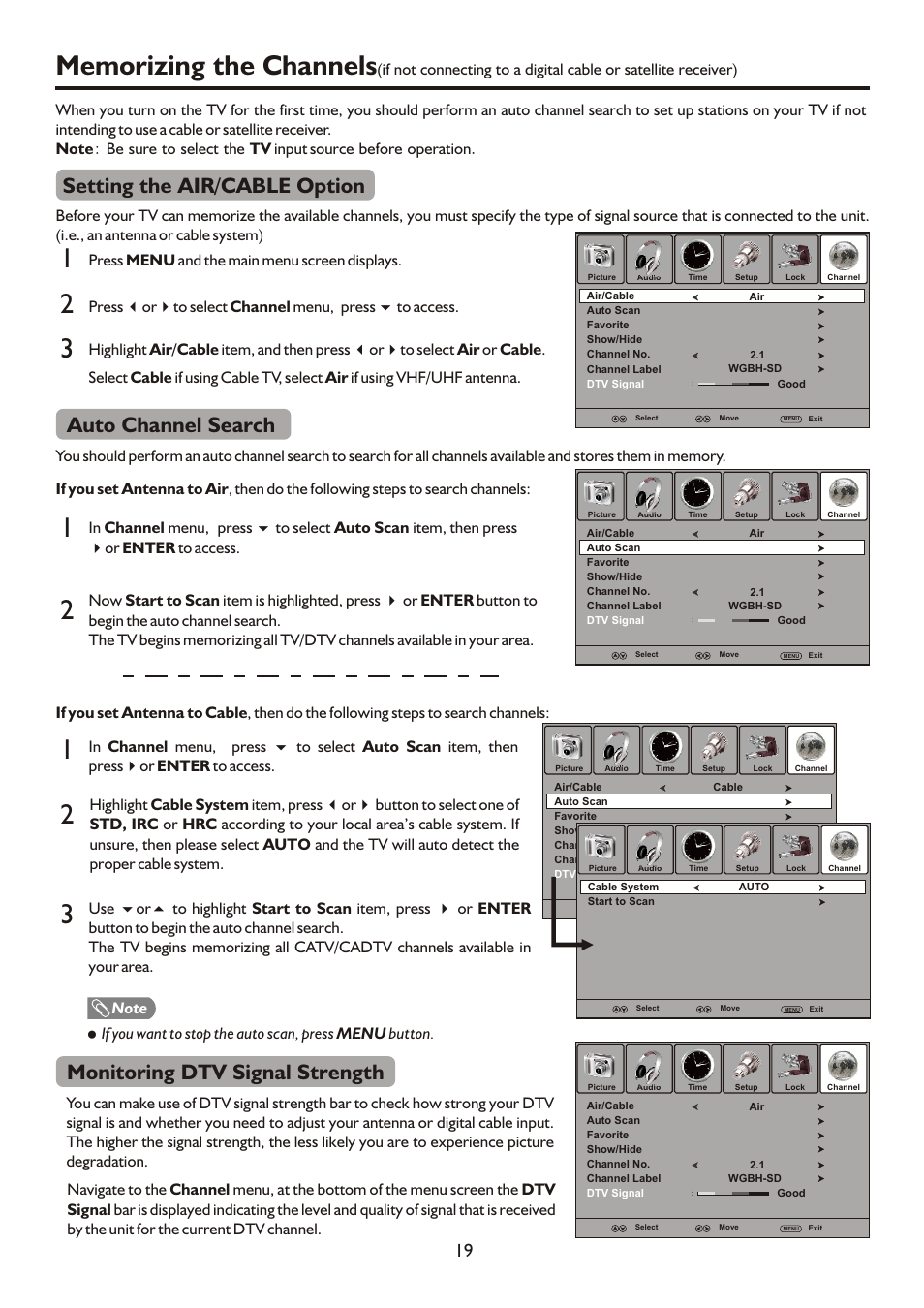 页面 21, Auto channel search, Monitoring dtv signal strength | Setting the air/cable option | Sanyo AVL472 User Manual | Page 21 / 36