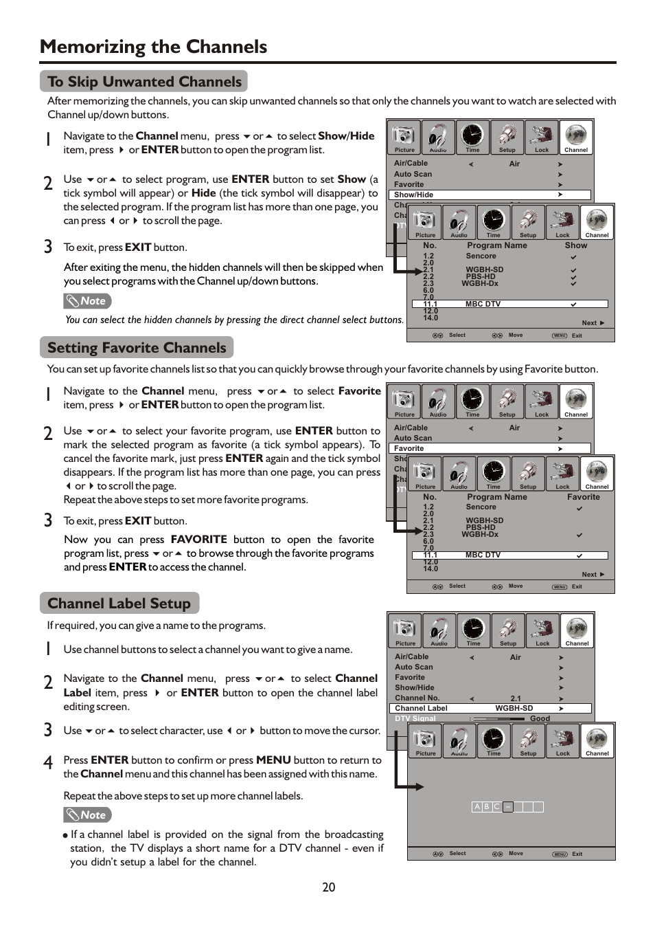 页面 22, Setting favorite channels, Channel label setup | If required, you can give a name to the programs | Sanyo AVL472 User Manual | Page 22 / 36