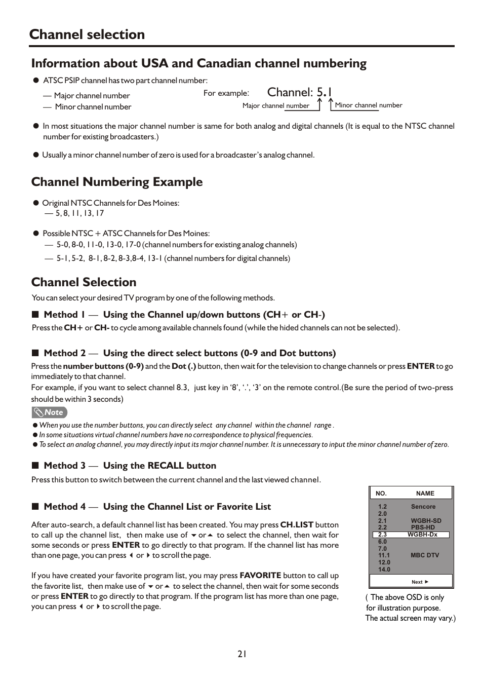 页面 23, Channel selection, Channel numbering example | Channel: 5 . 1 | Sanyo AVL472 User Manual | Page 23 / 36