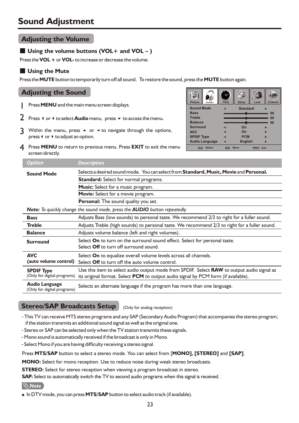 页面 25, Sound adjustment 1 3, Adjusting the sound | Adjusting the volume, Stereo/sap broadcasts setup | Sanyo AVL472 User Manual | Page 25 / 36