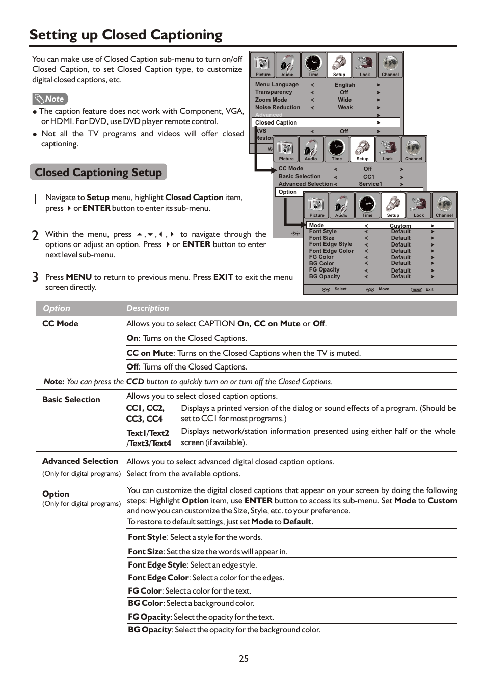 页面 27, Setting up closed captioning 1, Closed captioning setup | Sanyo AVL472 User Manual | Page 27 / 36