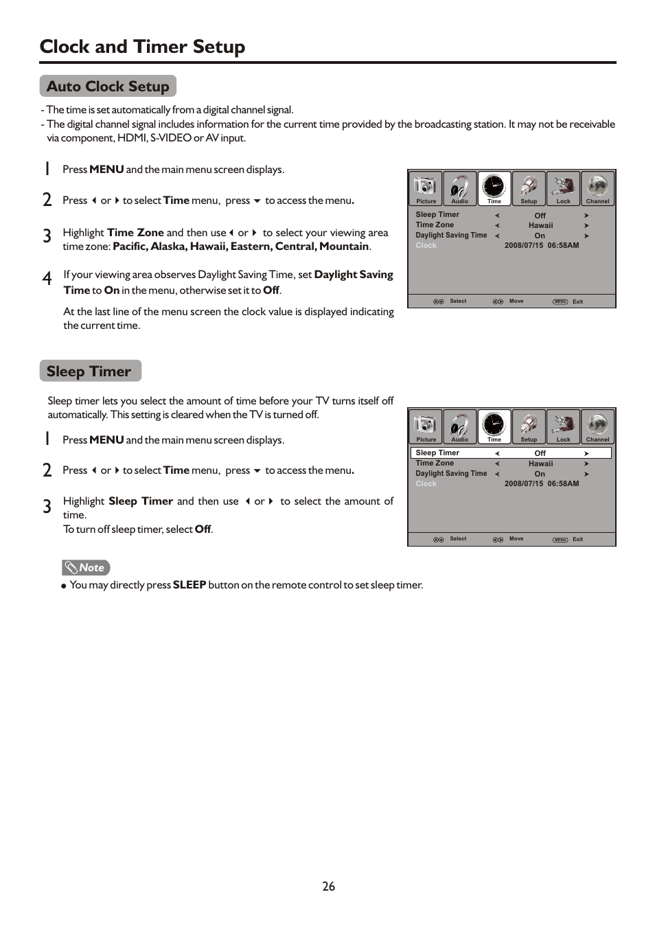 页面 28, Clock and timer setup 1 3 2, Auto clock setup | Sleep timer | Sanyo AVL472 User Manual | Page 28 / 36