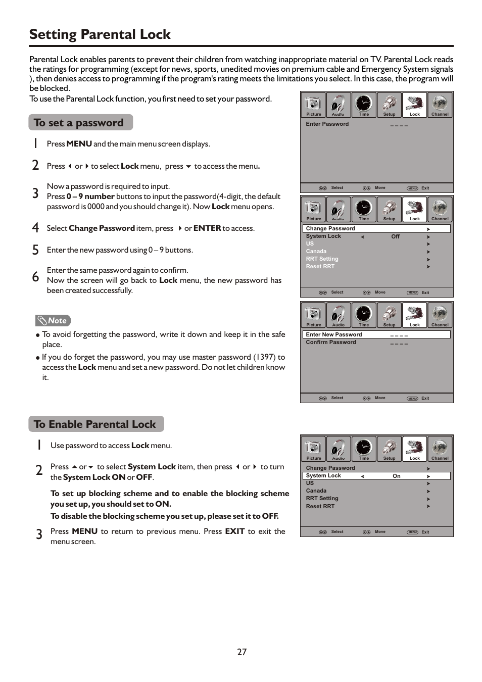 页面 29, Setting parental lock 1 3 | Sanyo AVL472 User Manual | Page 29 / 36