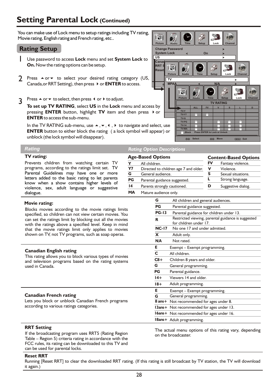 页面 30, Setting parental lock, Rating setup | Continued) | Sanyo AVL472 User Manual | Page 30 / 36