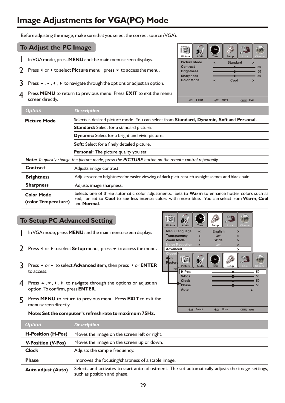 页面 31, Image adjustments for vga(pc) mode 1 3 | Sanyo AVL472 User Manual | Page 31 / 36