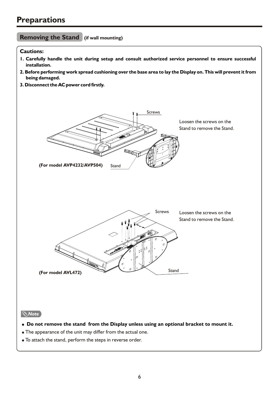 页面 8, Preparations, Removing the stand | Sanyo AVL472 User Manual | Page 8 / 36