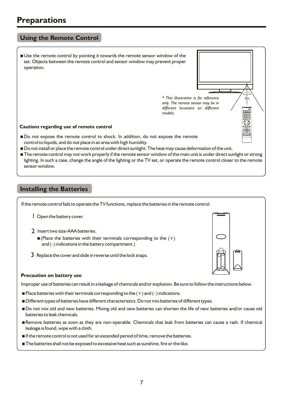 页面 9, Preparations, Using the remote control installing the batteries | Sanyo AVL472 User Manual | Page 9 / 36