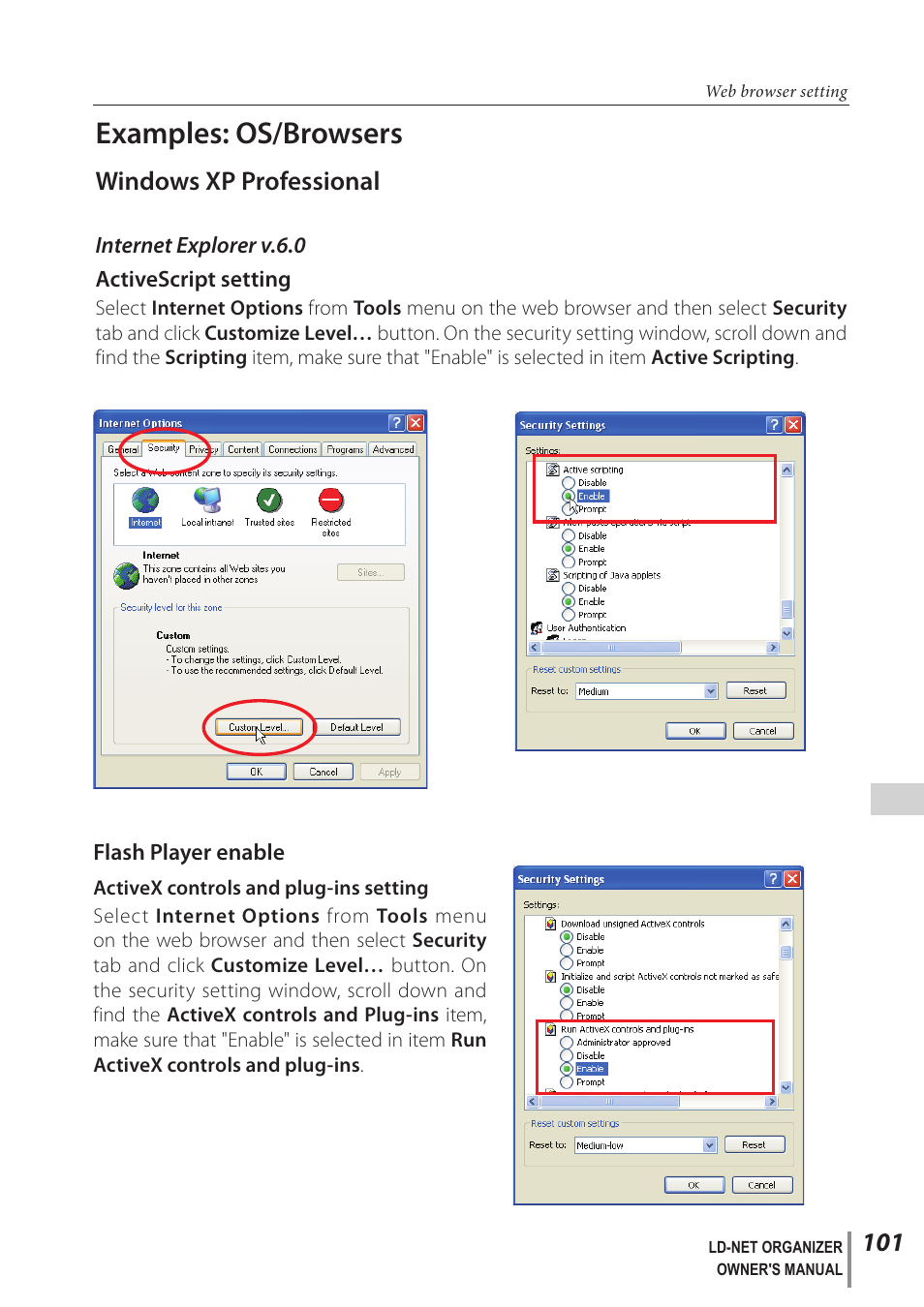 Examples: os/browsers, Windows xp professional | Sanyo PJ-Net Organizer Plus POA-LN02 User Manual | Page 101 / 116