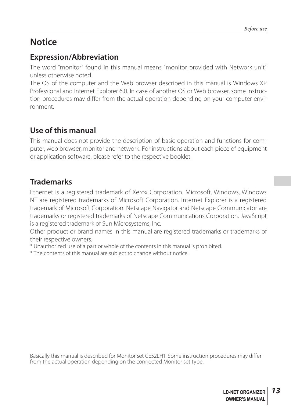 Notice, Expression/abbreviation, Use of this manual | Trademarks | Sanyo PJ-Net Organizer Plus POA-LN02 User Manual | Page 13 / 116