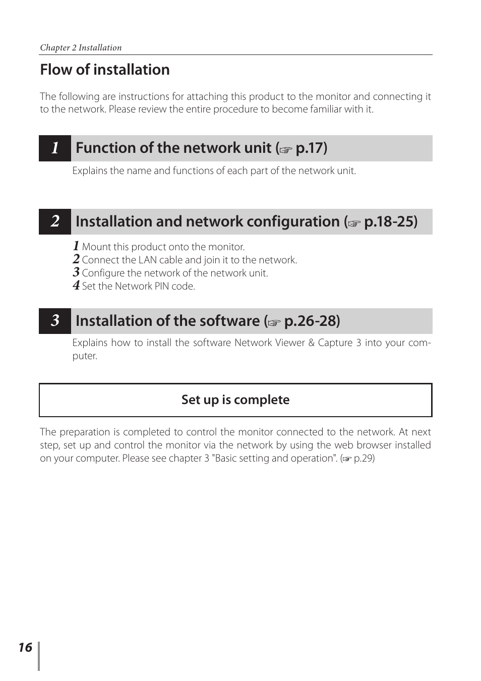 Flow of installation, Function of the network unit ( p.17), Installation and network configuration ( p.18-25) | Installation of the software ( p.26-28) | Sanyo PJ-Net Organizer Plus POA-LN02 User Manual | Page 16 / 116