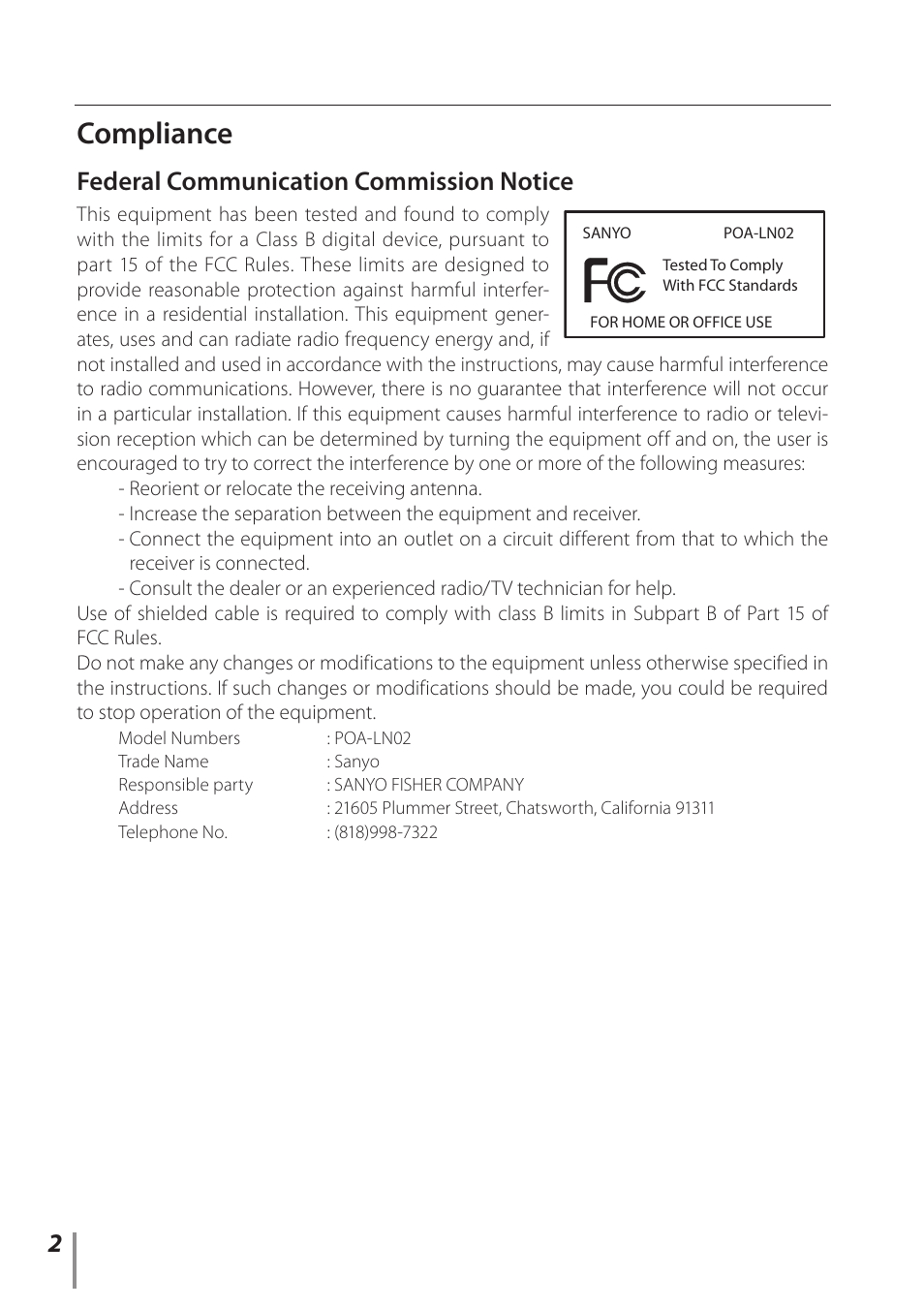 Compliance, Federal communication commission notice | Sanyo PJ-Net Organizer Plus POA-LN02 User Manual | Page 2 / 116