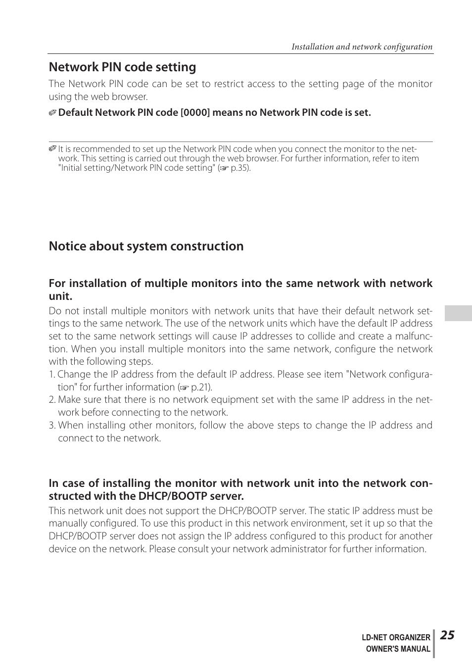 Network pin code setting, Notice about system construction | Sanyo PJ-Net Organizer Plus POA-LN02 User Manual | Page 25 / 116