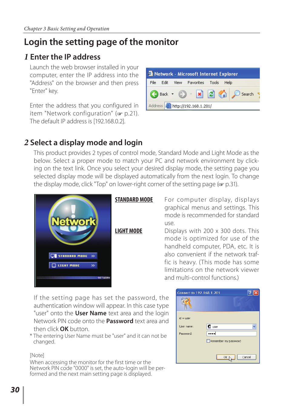 1 enter the ip address, 2 select a display mode and login, Enter the ip address | Select a display mode and login, Login the setting page of the monitor | Sanyo PJ-Net Organizer Plus POA-LN02 User Manual | Page 30 / 116