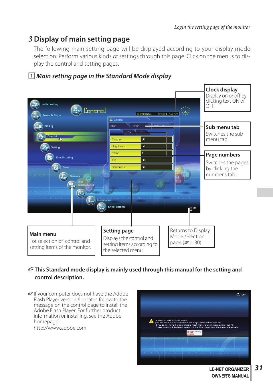Display of main setting page | Sanyo PJ-Net Organizer Plus POA-LN02 User Manual | Page 31 / 116