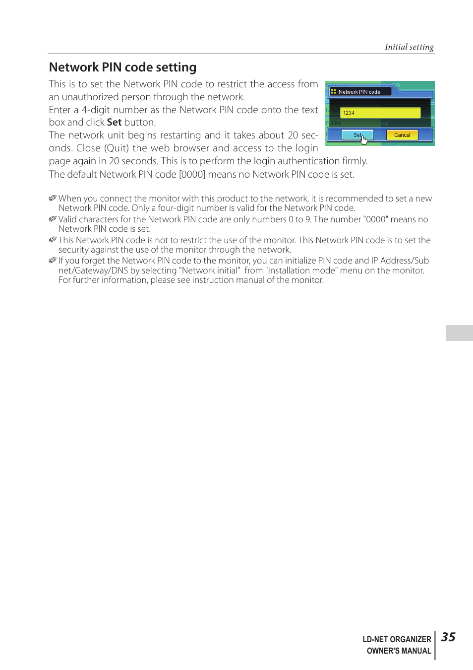 Network pin code setting | Sanyo PJ-Net Organizer Plus POA-LN02 User Manual | Page 35 / 116