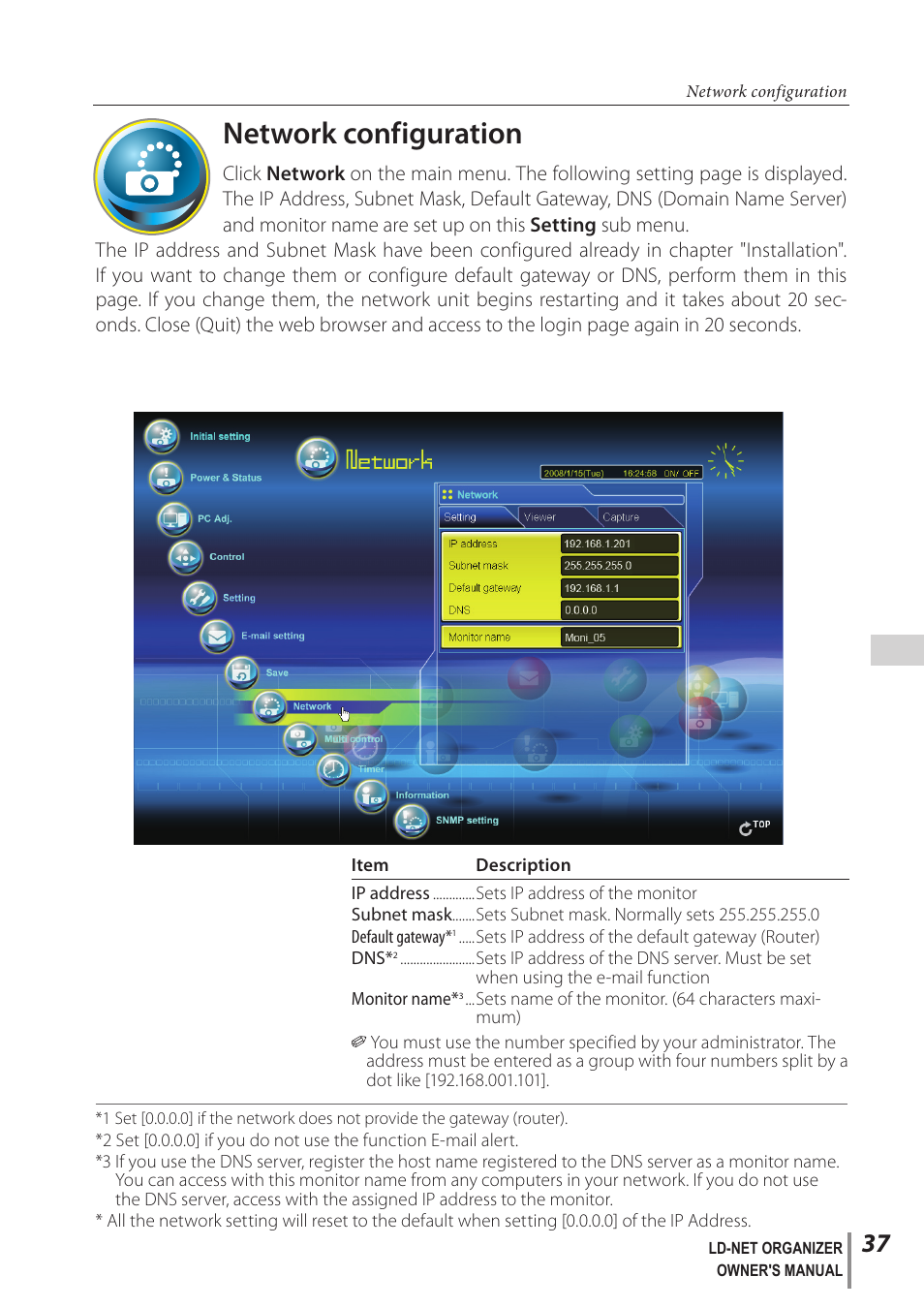 Network configuration | Sanyo PJ-Net Organizer Plus POA-LN02 User Manual | Page 37 / 116