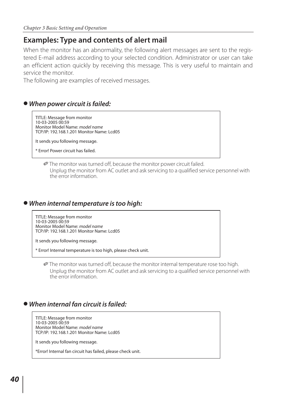 Examples: type and contents of alert mail, Cwhen power circuit is failed, Cwhen internal temperature is too high | Cwhen internal fan circuit is failed | Sanyo PJ-Net Organizer Plus POA-LN02 User Manual | Page 40 / 116