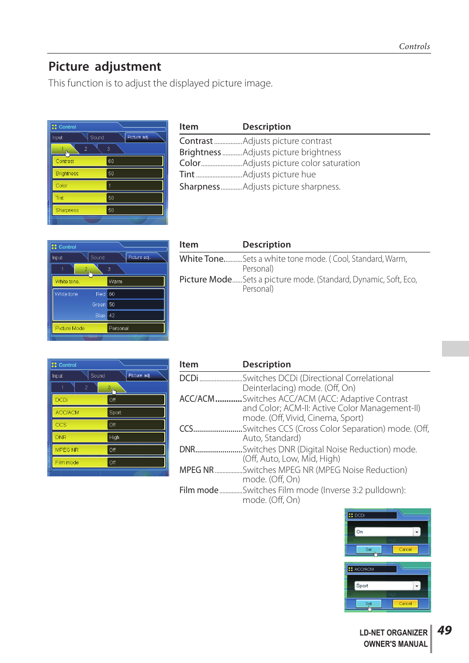Picture adjustment | Sanyo PJ-Net Organizer Plus POA-LN02 User Manual | Page 49 / 116