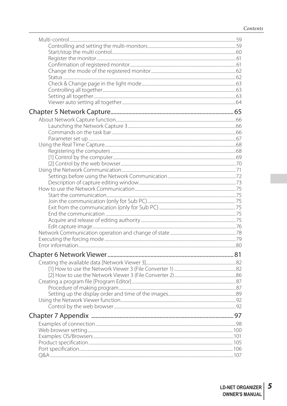 Chapter 5 network capture, Chapter 6 network viewer, Chapter 7 appendix | Sanyo PJ-Net Organizer Plus POA-LN02 User Manual | Page 5 / 116