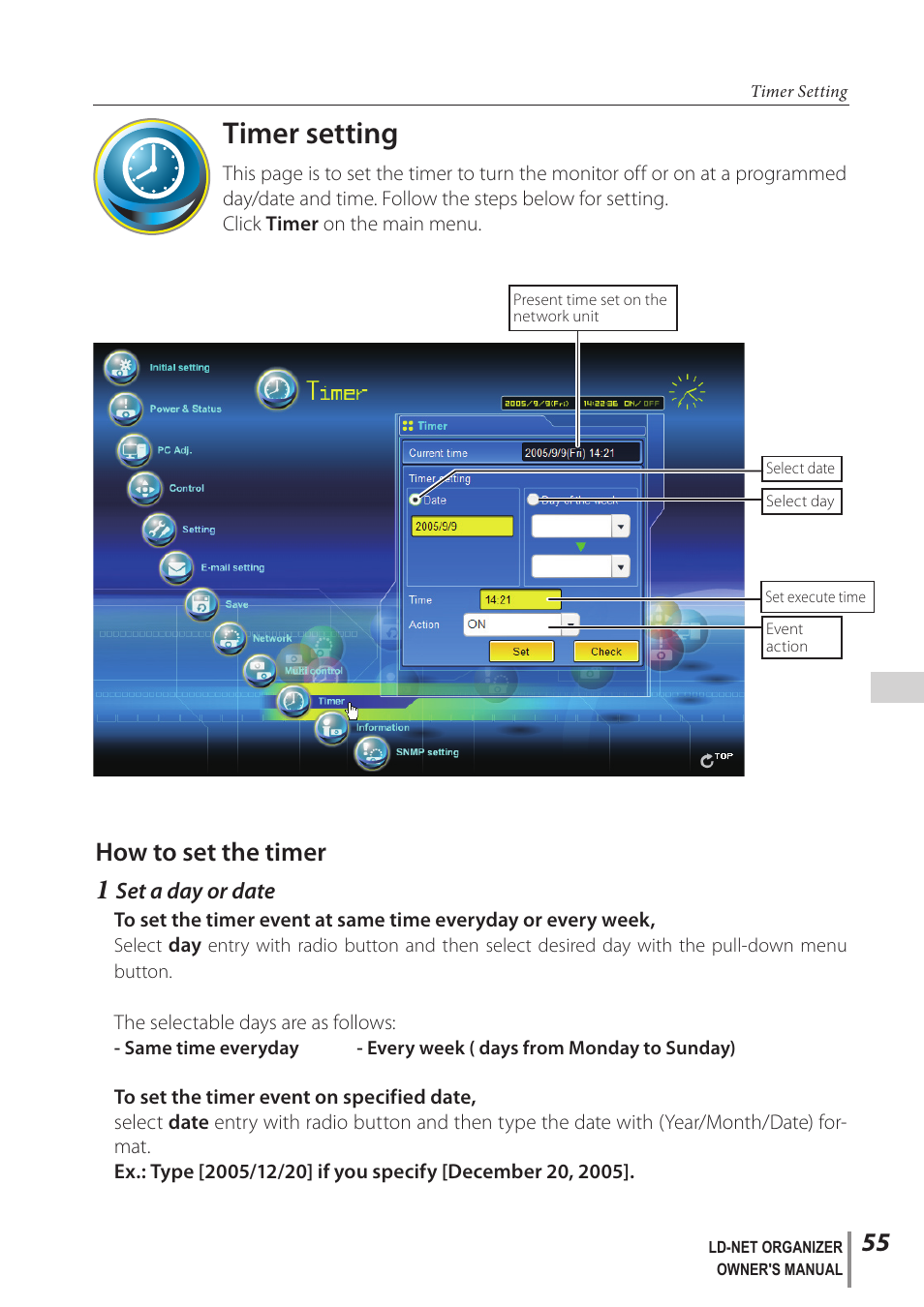 Timer setting, How to set the timer | Sanyo PJ-Net Organizer Plus POA-LN02 User Manual | Page 55 / 116