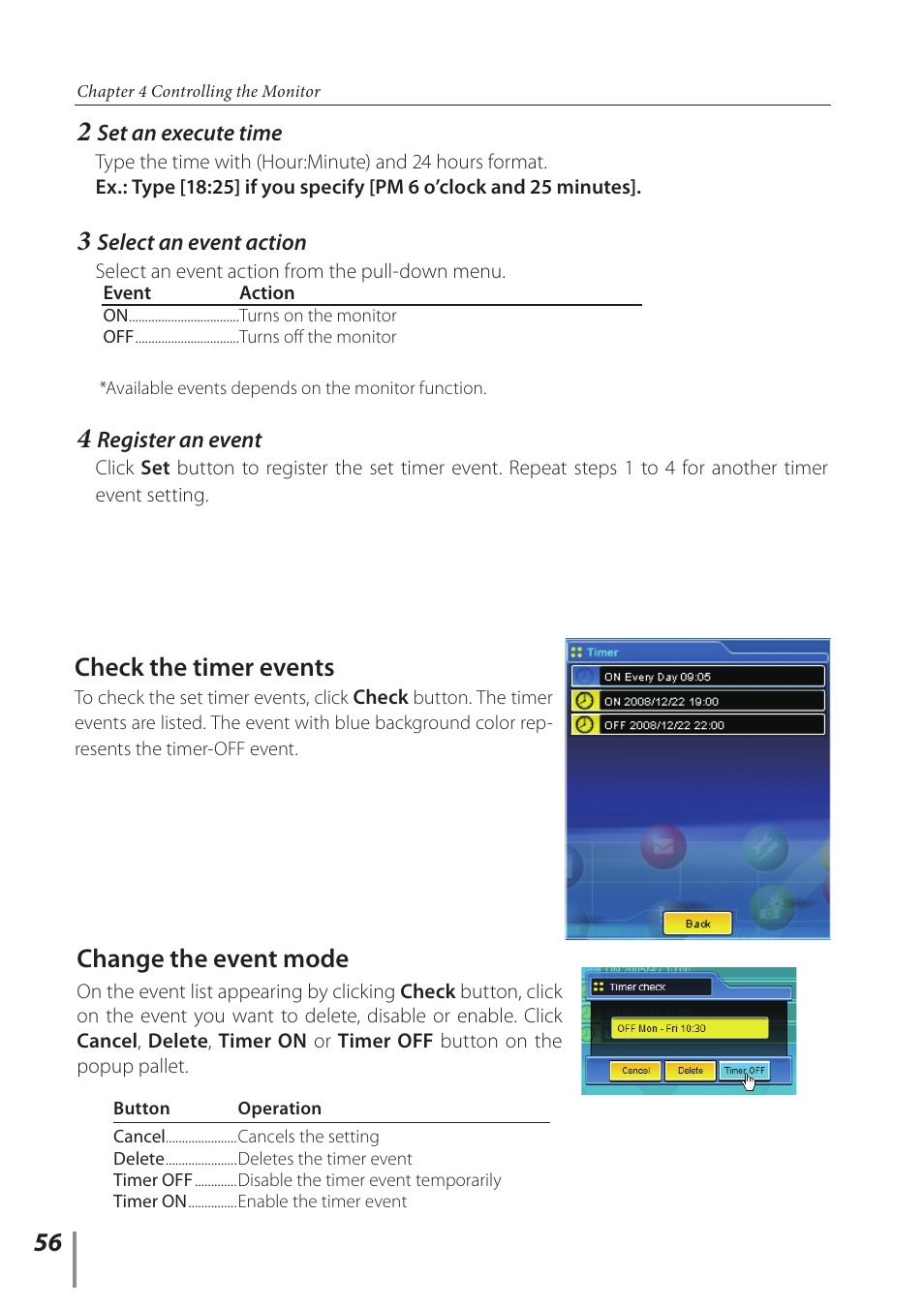Check the timer events, Change the event mode | Sanyo PJ-Net Organizer Plus POA-LN02 User Manual | Page 56 / 116
