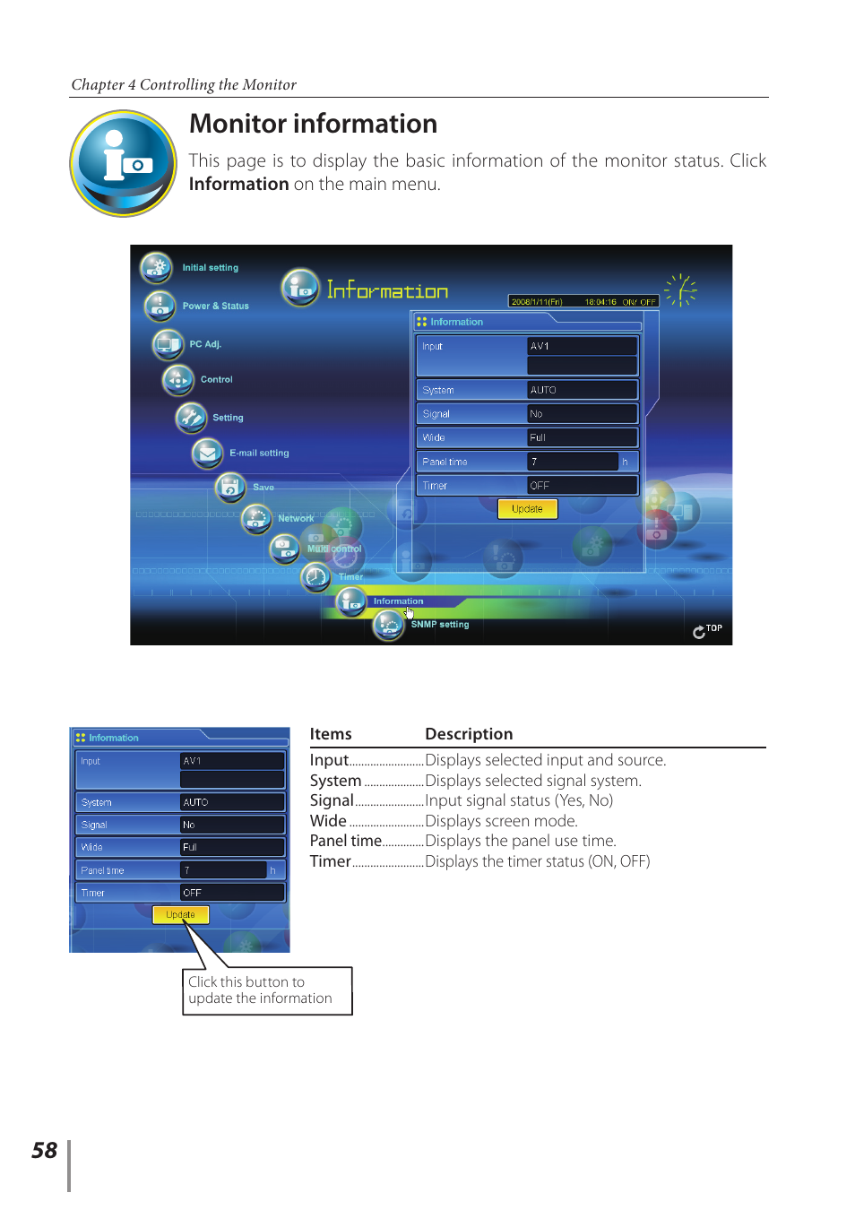 Monitor information | Sanyo PJ-Net Organizer Plus POA-LN02 User Manual | Page 58 / 116