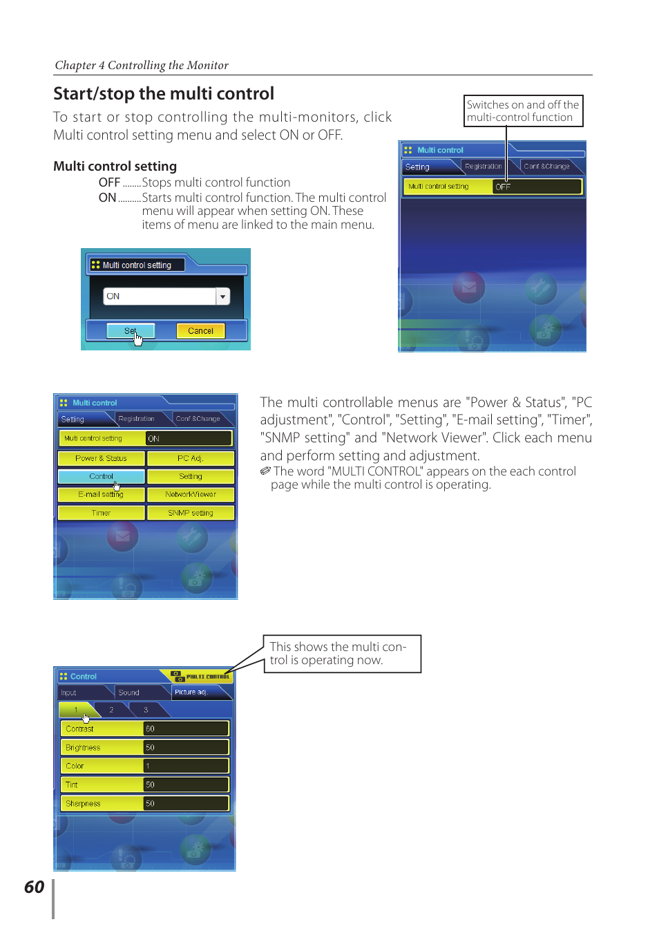 Start/stop the multi control | Sanyo PJ-Net Organizer Plus POA-LN02 User Manual | Page 60 / 116
